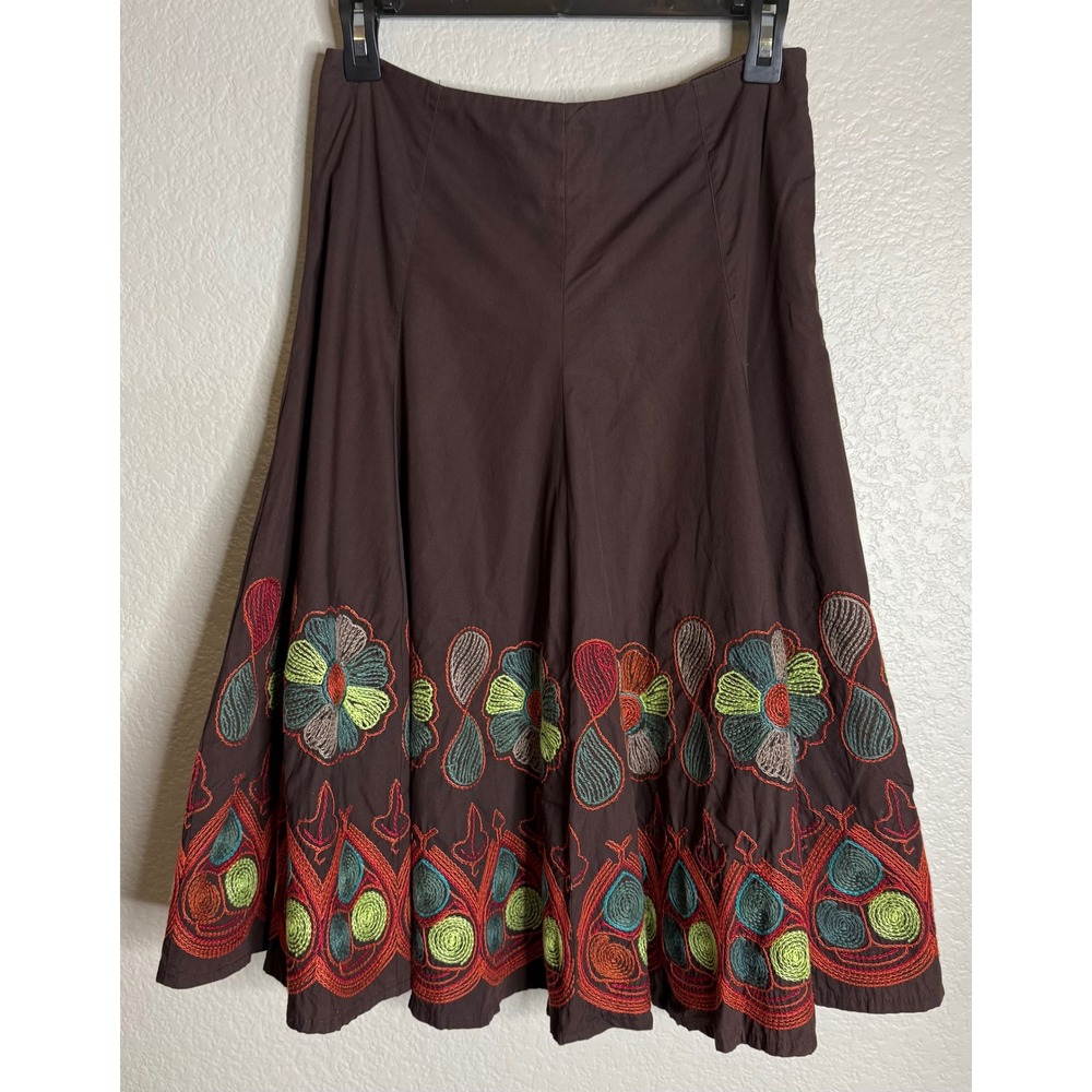 Warehouse Womens 4 A Line Skirt Brown Embroidered Floral Boho Hippie Cotton Midi